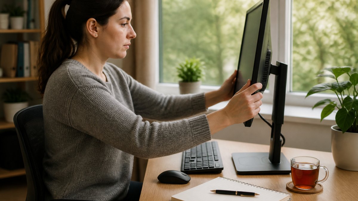 A person adjusting the height and angle of a computer monitor at a tidy desk near a window, with a notebook and cup of tea beside the keyboard