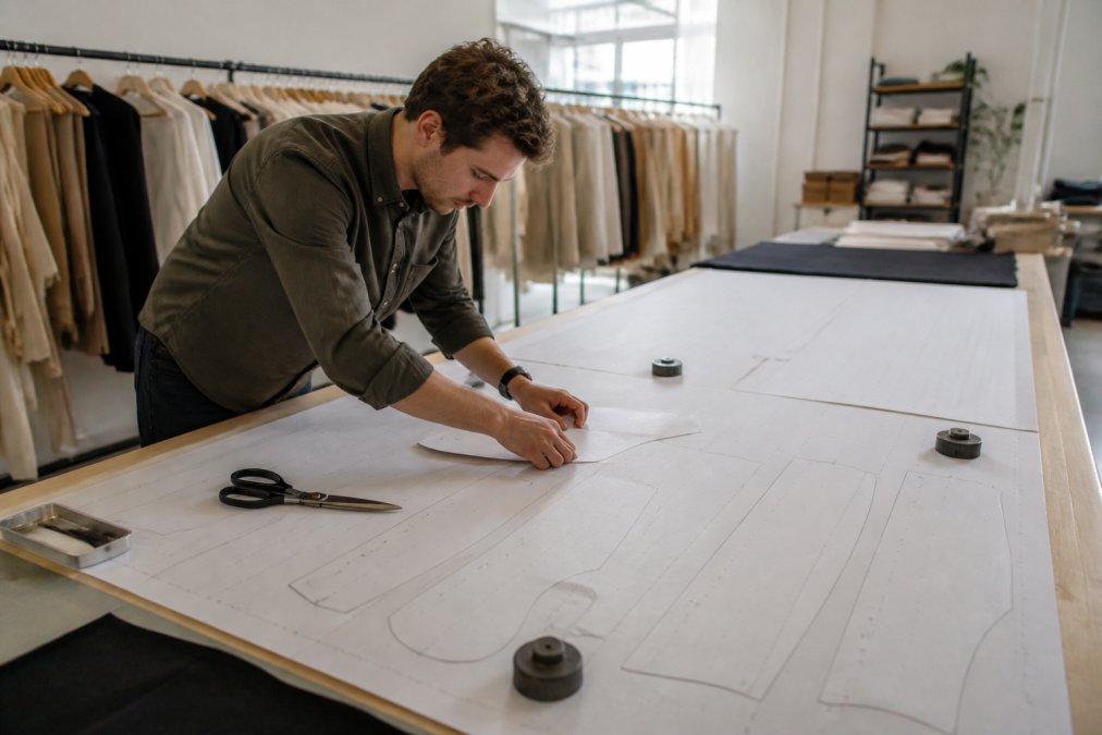 How to Reduce Fabric Waste in Apparel Production 2 A pattern maker in a bright cutting room leaning over a wide paper marker spread across a long table, adjusting paper pattern pieces with fabric shears and weights nearby