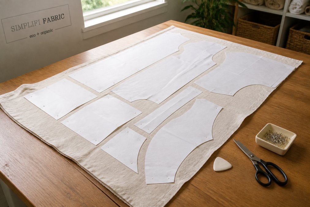 Diagram showing a nested pattern layout to reduce fabric waste sewing by optimizing space on a sewing table.