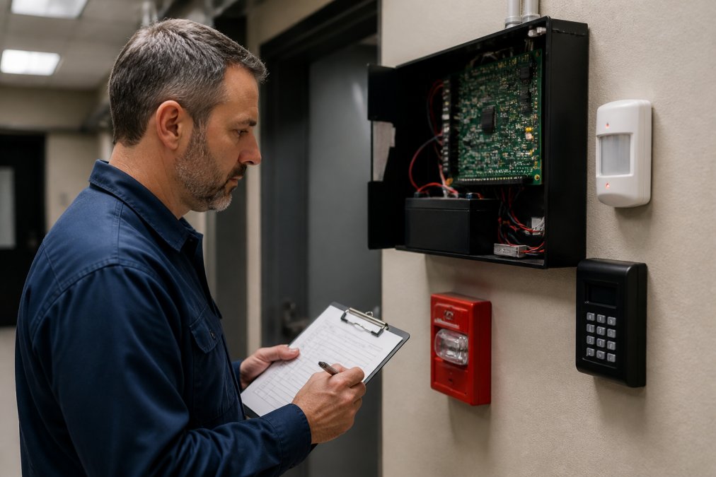 A facility manager in a commercial building inspecting a security sensor panel, holding a clipboard with a printed maintenance checklist under fluorescent overhead lighting