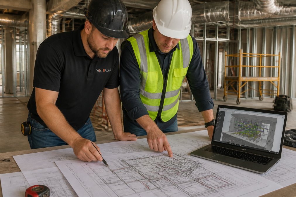 Construction team reviewing BIM shop drawings to prevent field rework