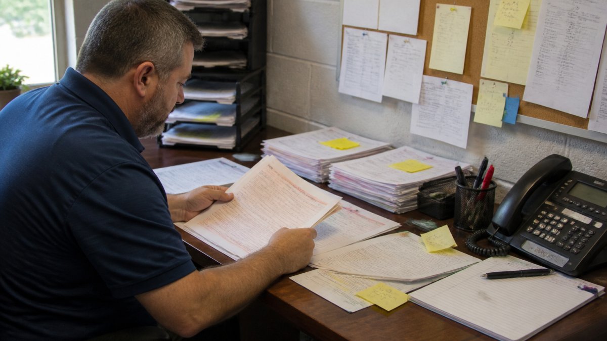 Dispatcher sitting at desk reviewing multiple job cards and scheduling calendar on computer screen with notes and sticky notes visible, natural office lighting