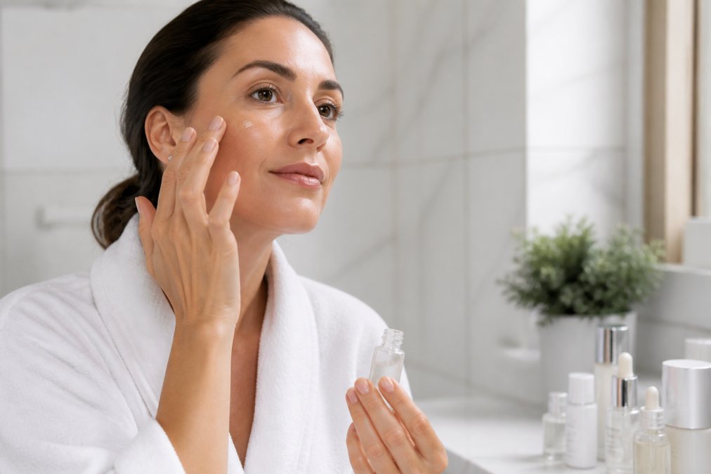 Woman applying a hydrating serum to her face to help smooth fine lines while standing in a bright bathroom.