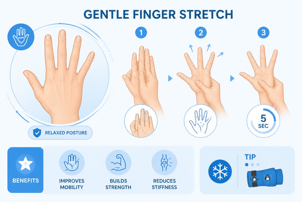 Close-up of hands demonstrating a gentle finger stretch with relaxed posture, showing proper form with fingers extended on a light neutral background