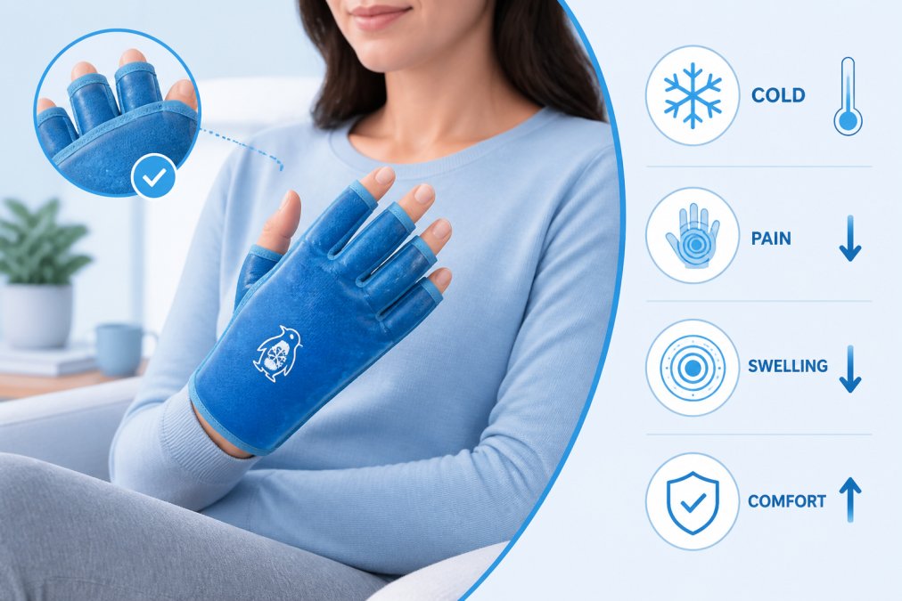 Person wearing a cold compression gel pack on their hand, showing the sleeve applied to fingers with proper fit in a comfortable seated position with natural lighting