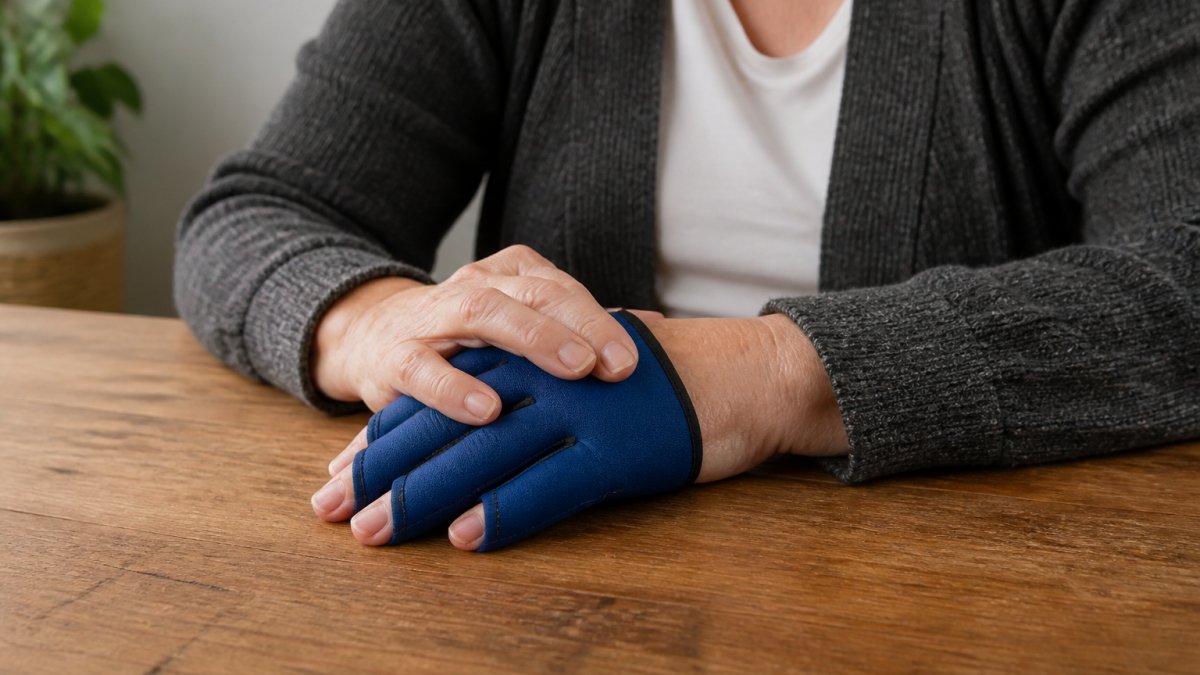 Infographic showing a step-by-step process for applying cold compression to reduce finger joint swelling