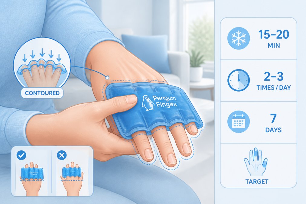 Person applying a cold compression gel pack to swollen fingers, showing proper hand positioning and the pack conforming to finger shape, in a comfortable home setting with natural lighting
