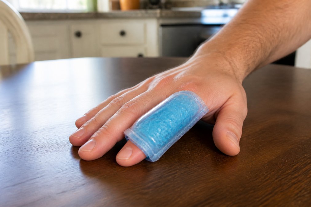 Close-up of a hand wearing a flexible cold compression gel wrap on the middle finger, ice pack texture visible through the sleeve, resting on a kitchen table in bright daylight