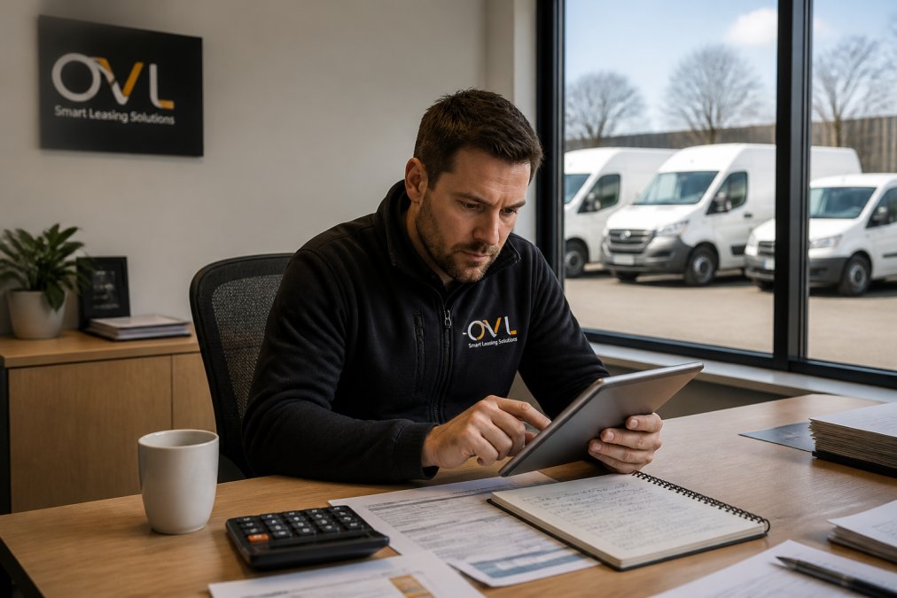 Fleet manager reviewing vehicle data on a tablet in a modern office with delivery vans visible through the window in the background