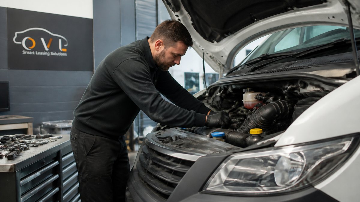 Fleet maintenance technician inspecting a van engine in a workshop, with diagnostic equipment and maintenance tools visible on workbenches