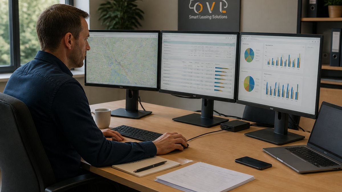 Fleet manager reviewing data dashboards to reduce fleet operational costs via real-time tracking and maintenance charts.