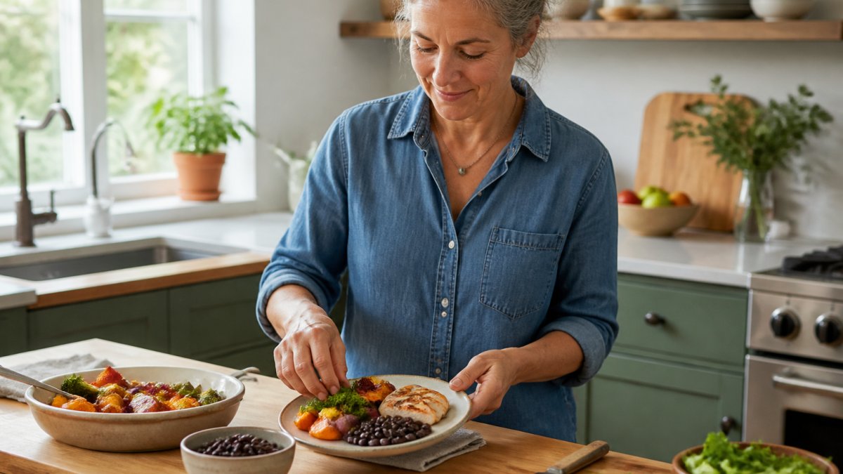 A woman in her 50s preparing a balanced plate with grilled chicken, roasted vegetables, and a side of beans on a wooden kitchen counter, natural daylight