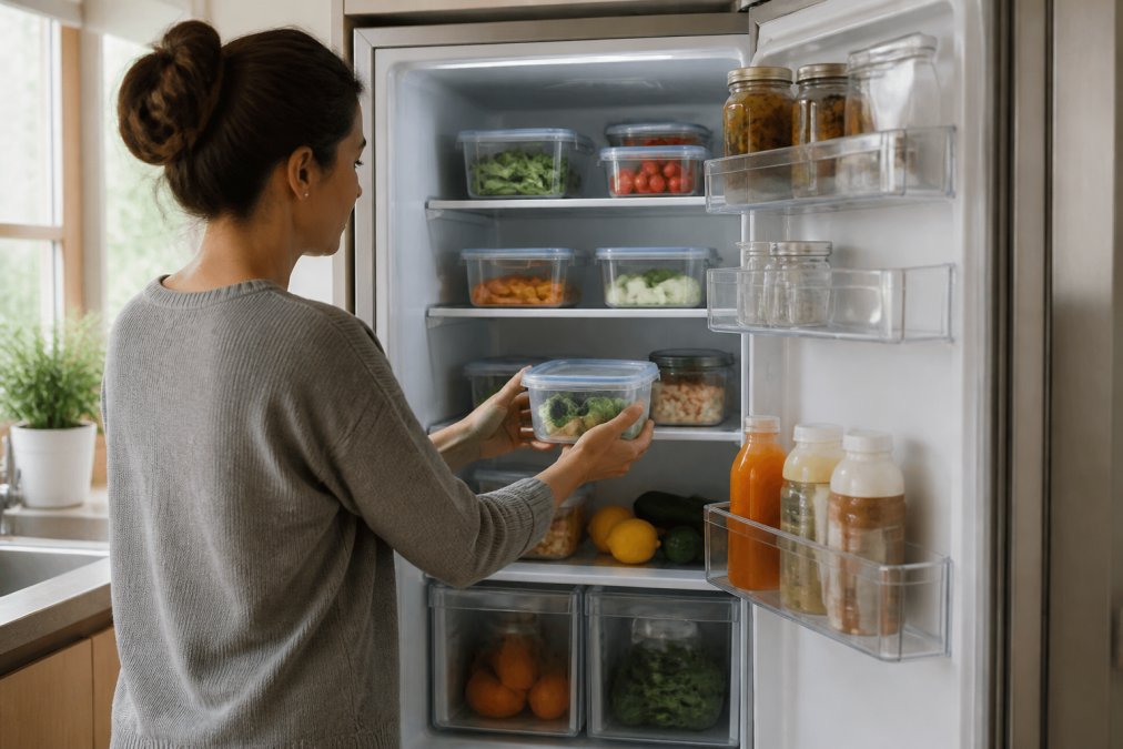 Person organizing a fridge with clear containers to help reduce food waste by keeping ingredients visible.