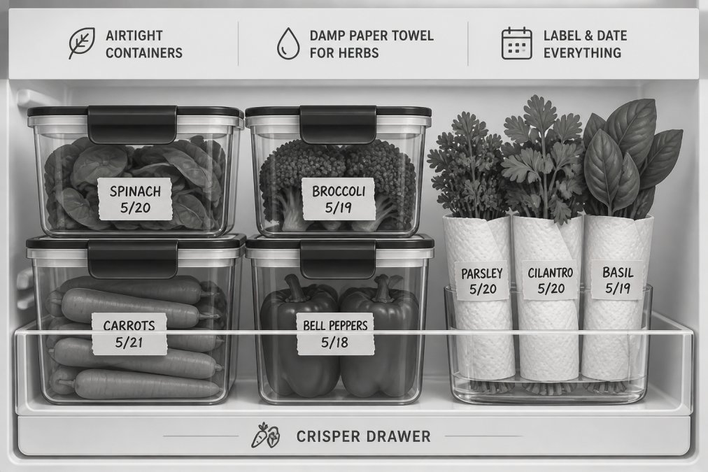 Close-up of a refrigerator drawer neatly organized with fresh vegetables in clear airtight containers, herbs wrapped in damp paper towels standing upright in a glass of water, and handwritten labels showing storage dates on masking tape