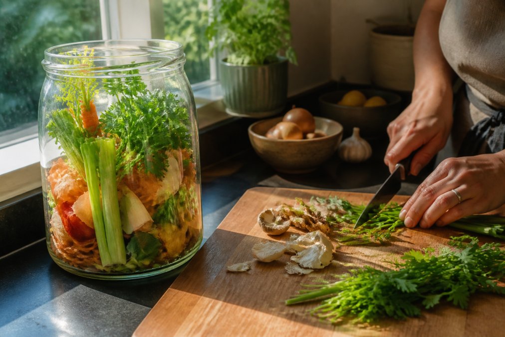 A home kitchen countertop in warm afternoon light with a large glass jar filled with vegetable scraps including carrot tops, celery leaves, onion skins, and leek greens, alongside a cutting board where hands are chopping parsley stems and mushroom ends for stock