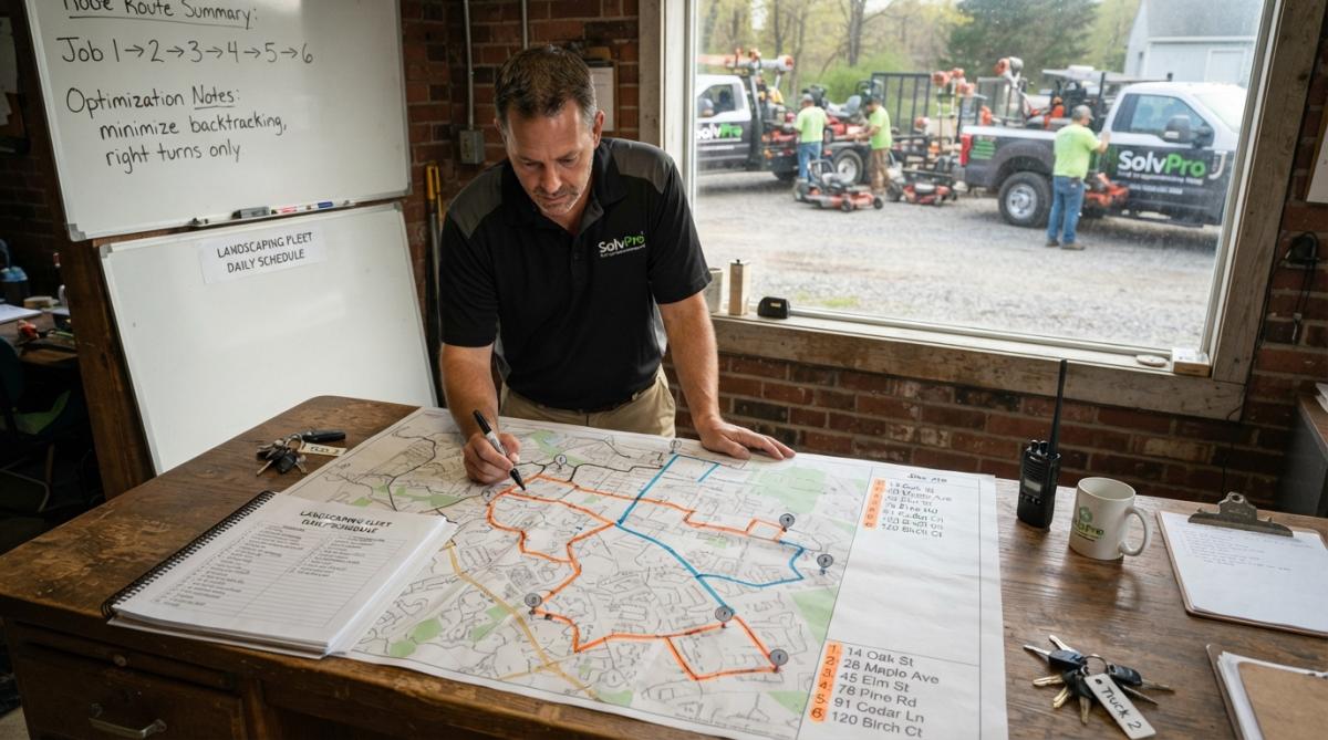 Landscaping crew in truck reviewing route on mobile device or GPS system showing multiple job site locations clustered by service area
