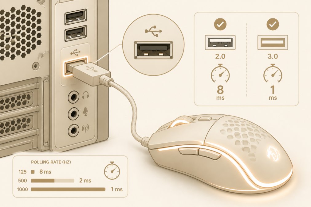 Close-up of a gaming mouse connected to a USB port on a desktop computer tower, with RGB lighting visible on the mouse and peripheral, showing the connection details clearly