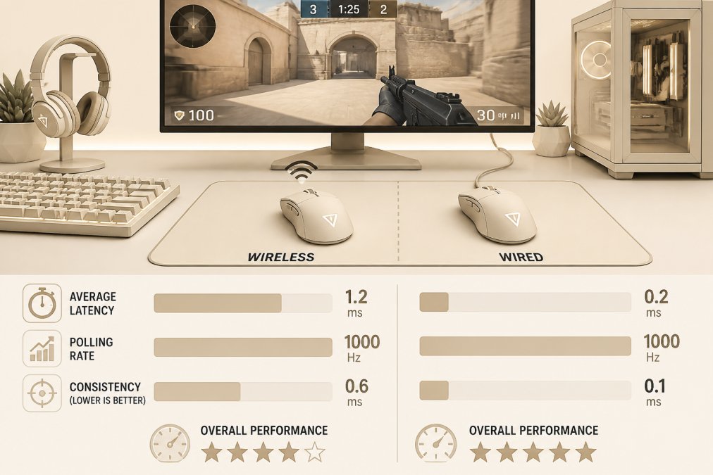 Gaming setup showing a wireless mouse on a mousepad next to a wired gaming mouse, both positioned near a keyboard on a desk with monitor displaying a competitive game in the background