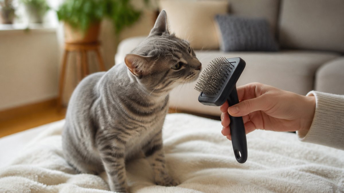 Gray tabby cat sniffing a grooming brush on a soft cream blanket while a person gently holds the tool nearby.
