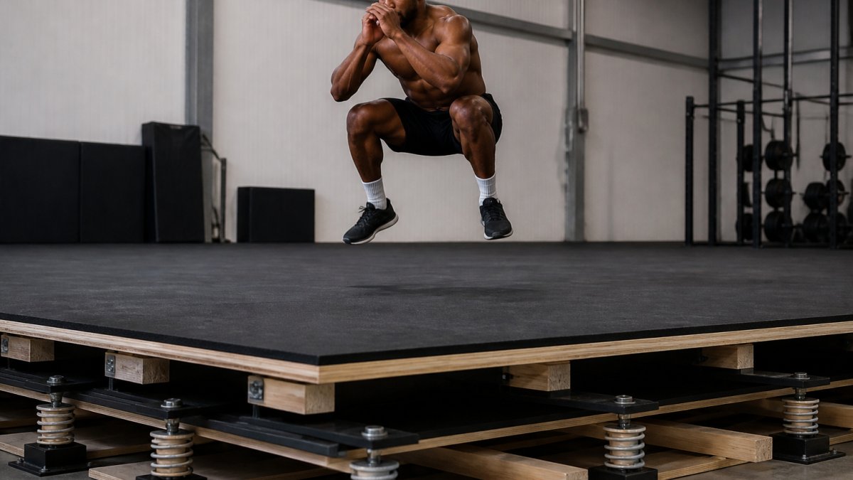 Professional athlete performing high-impact exercise on sprung gym floor with visible power springs and structural support beneath the surface
