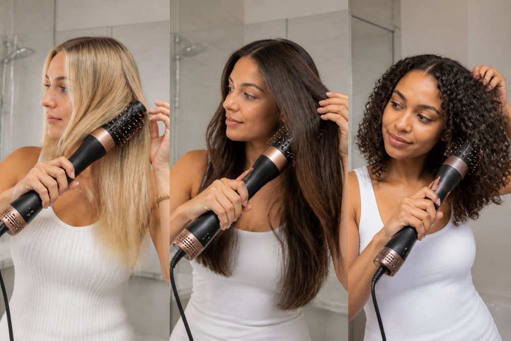 Close-up of someone using a multi-function hair styling tool on different hair textures, demonstrating versatility across fine, thick, and curly strands with professional lighting