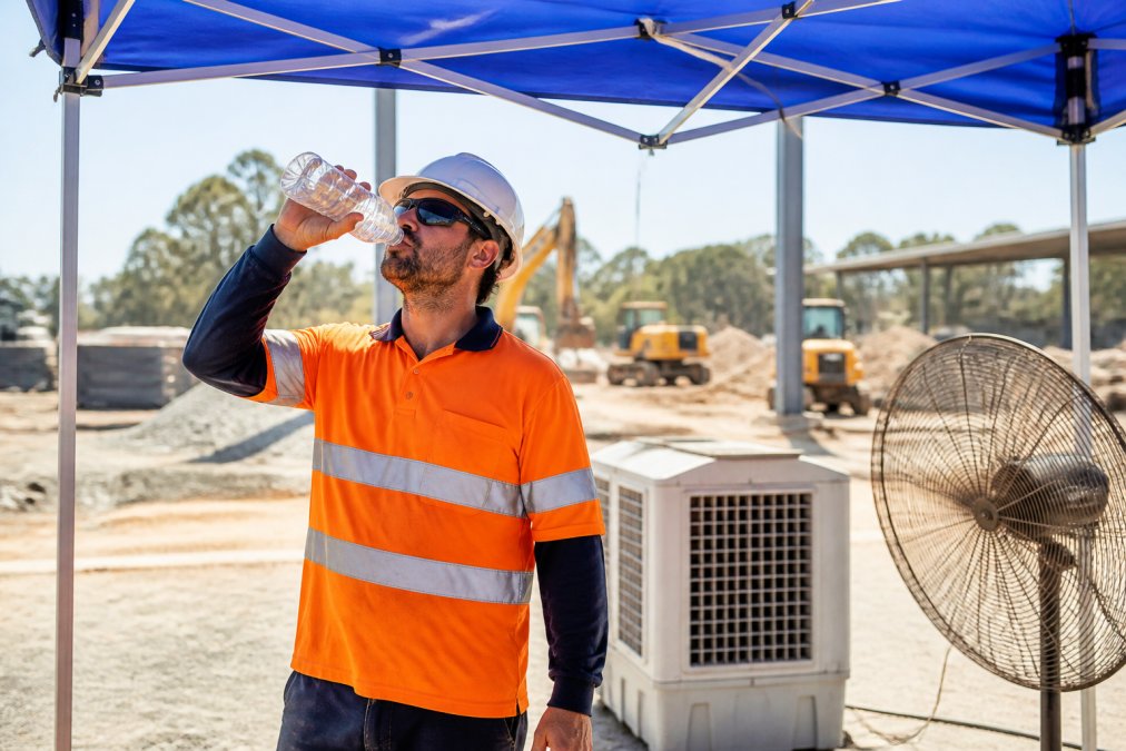 Construction worker using a portable shade and ventilation fan to reduce heat stress while drinking water