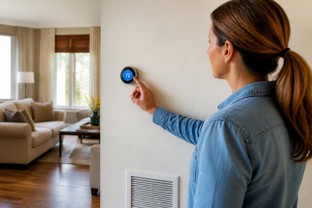 A homeowner in a well-lit living room adjusting a wall-mounted smart thermostat, with a ceiling HVAC vent visible in the background and afternoon light coming through a nearby window