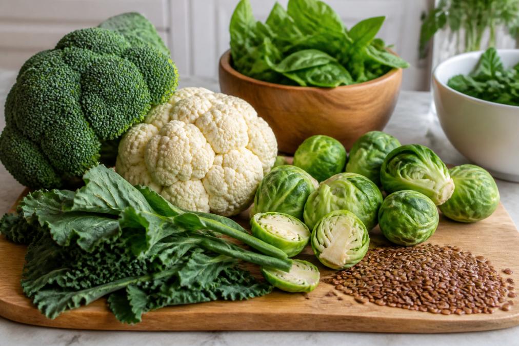 A wooden cutting board with a colorful spread of cruciferous vegetables including broccoli, cauliflower, and Brussels sprouts alongside flaxseeds and leafy greens on a bright kitchen countertop