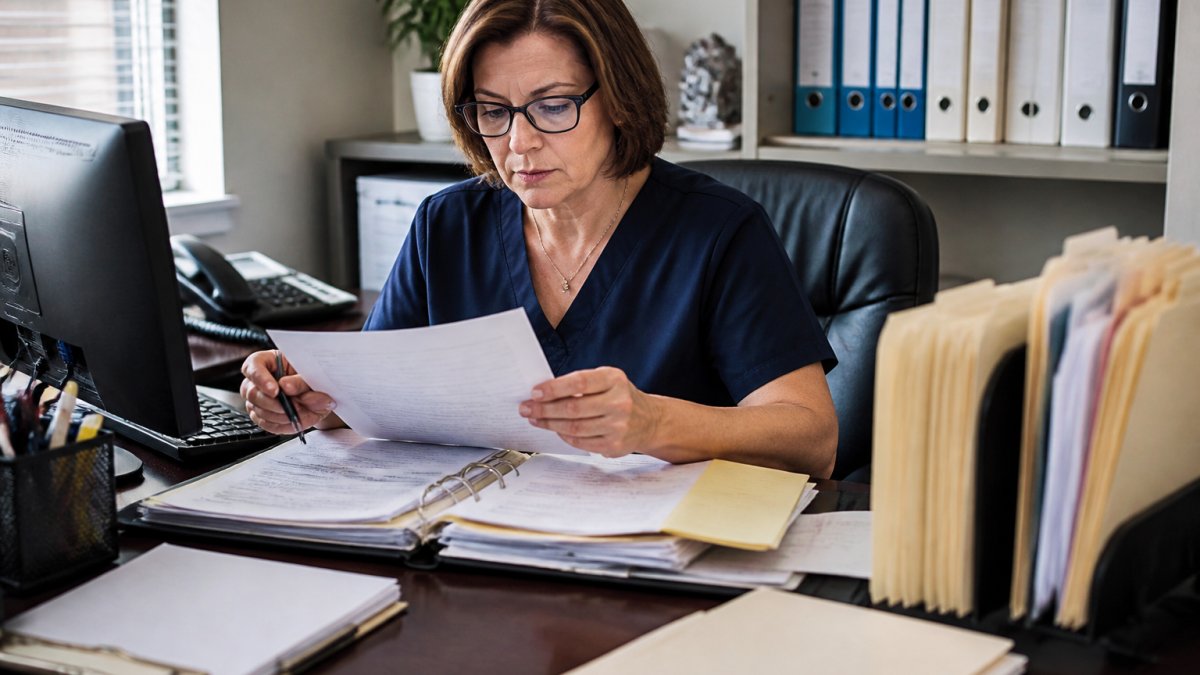 Practice manager reviewing compliance documentation and workflow notes at a desk with computer, filing system, and training records visible in modern clinical office