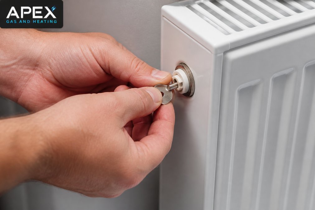 Close-up of hands using a radiator bleed key on a white radiator valve, showing proper technique and positioning with clear view of the square socket and key insertion