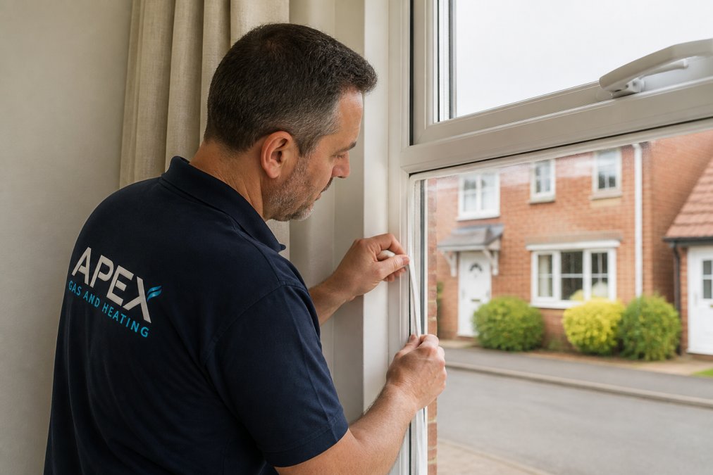 Homeowner installing white foam draught excluder around a window frame, with daylight visible through the gap being sealed and clear view of the installation technique