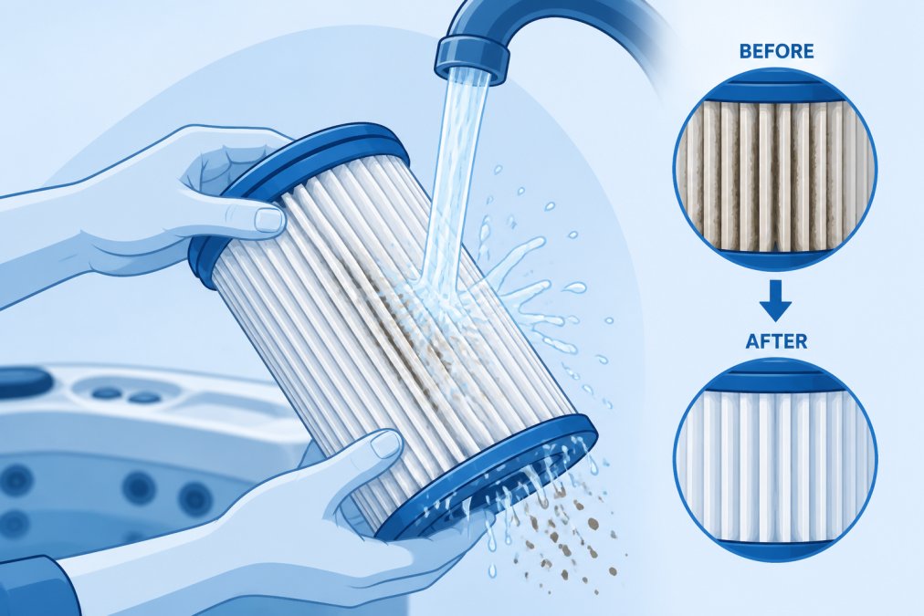 Close-up of hands rinsing a hot tub filter cartridge under running water, showing water spraying across the pleated surface with debris washing away