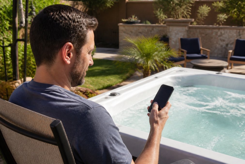 Homeowner checking a smartphone app displaying real-time hot tub water chemistry readings including pH, chlorine levels, and system status on the screen