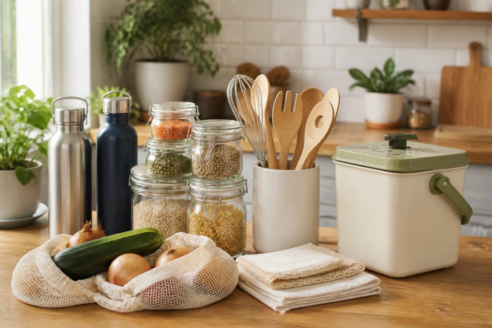 A well-organized kitchen counter with glass storage containers, cloth produce bags, stainless steel water bottles, bamboo utensils, and a small compost bin arranged neatly in natural daylight