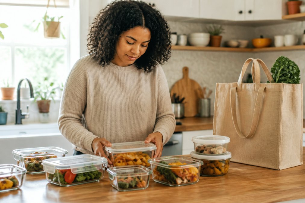 A woman in a bright kitchen organizing glass containers of leftover vegetables and labeled meal prep bowls on a wooden counter, with a reusable grocery bag nearby