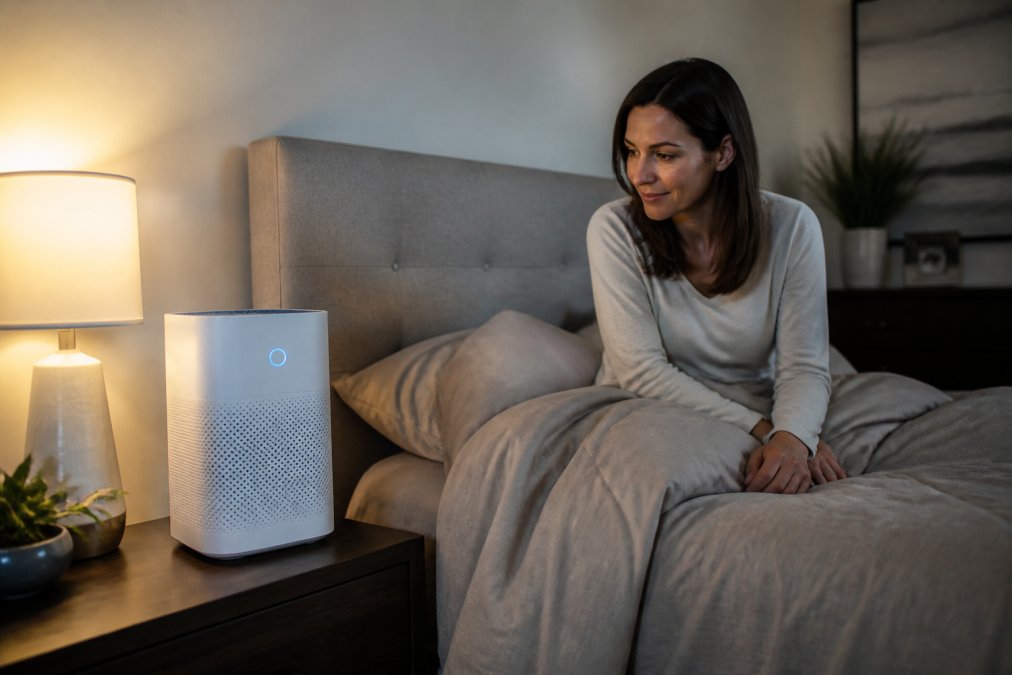 Modern bedroom with an air purifier running on a nightstand, its indicator light glowing softly, while a person sits on the bed observing the visual confirmation of active purification