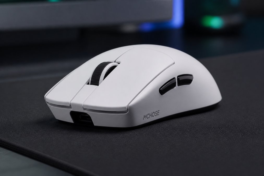 Close-up of a high-performance gaming mouse on a textured mousepad with RGB lighting activated, showing the precision sensor and programmable side buttons in sharp detail