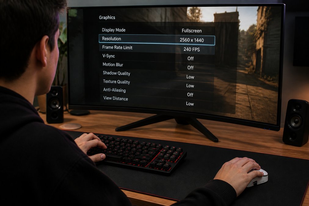Gamer's hands positioned on a mechanical keyboard and gaming mouse in front of a curved monitor displaying in-game graphics settings menu with frame rate counter and resolution options visible