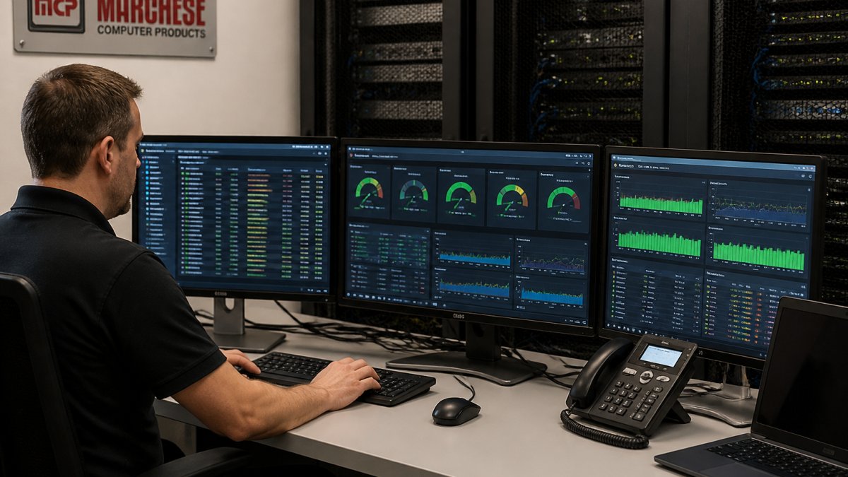 IT professional monitoring multiple server screens in a data center displaying real-time system health dashboards with CPU, memory, and network metrics