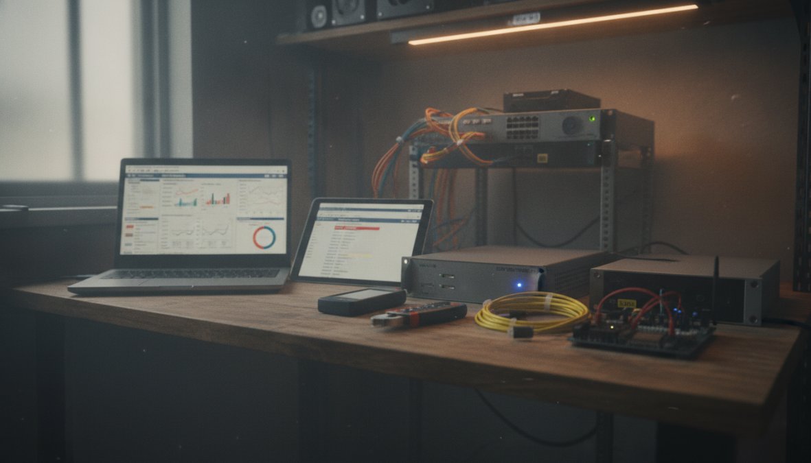 A small business IT professional monitoring multiple screens displaying network dashboards and live system alerts in a compact server room, with blue indicator lights on rack-mounted equipment visible in the background and focused concentration on the technician's face