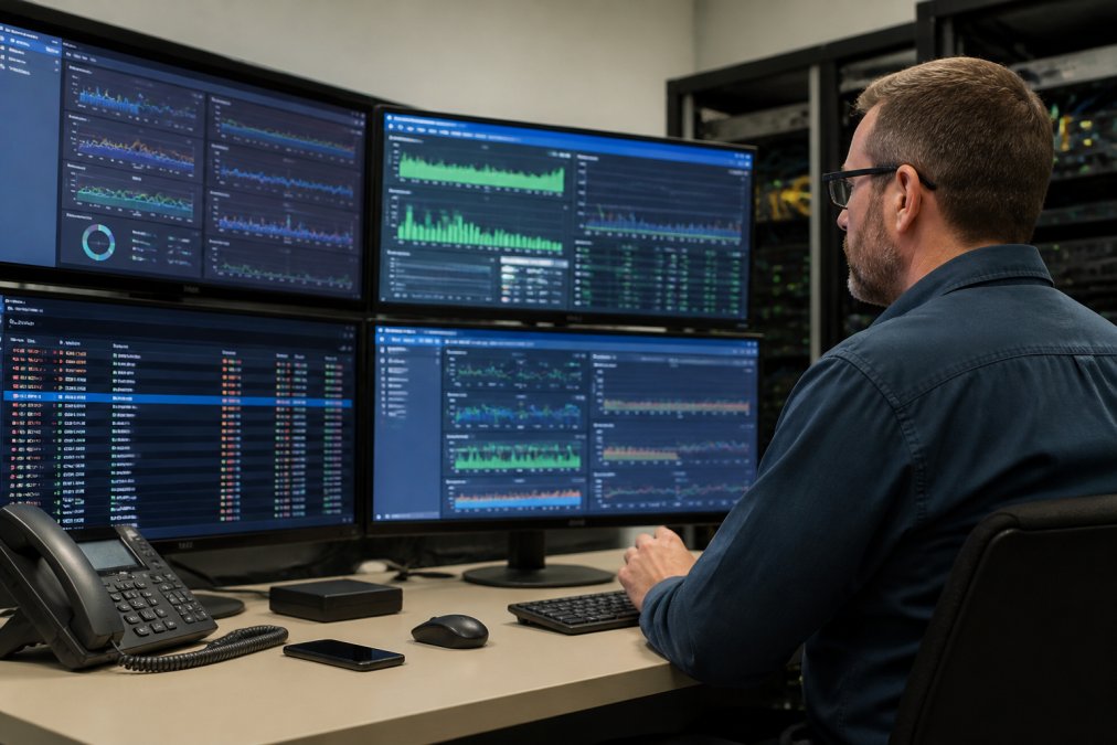 IT professional monitoring server dashboard on multiple screens in a data center, displaying real-time system health indicators, CPU usage, memory allocation, and network traffic patterns with alert notifications