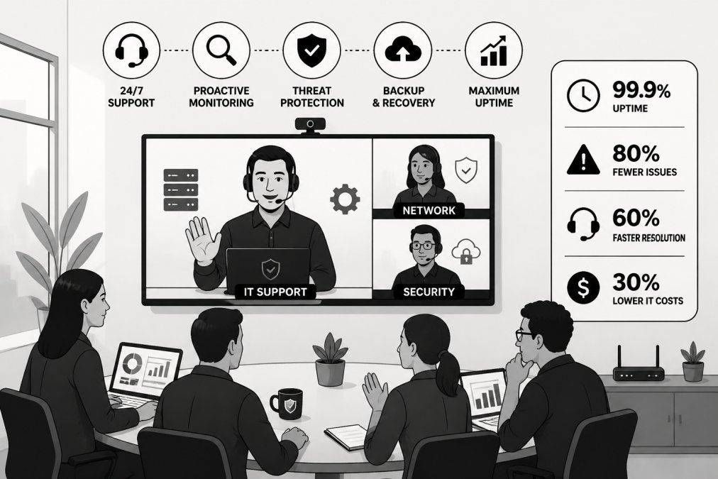 Small business team collaborating around a conference table in a bright office while IT support staff appear on a video call on a large monitor, demonstrating remote helpdesk support and cross-team coordination