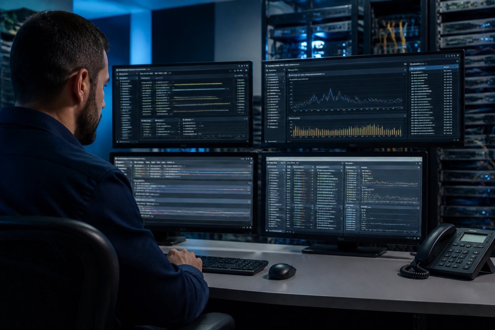 IT professional monitoring network dashboards and system performance metrics on multiple screens in a modern control room setting with blue lighting