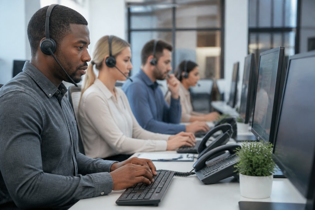 Team of IT support professionals with headsets collaborating at desks in a modern service center, monitoring systems and assisting customers through multiple screens