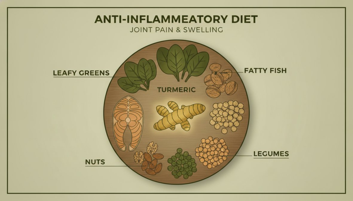 Overhead shot of a colorful plate with fresh turmeric root, leafy greens, fatty fish, nuts, and legumes arranged on a wooden table with natural lighting