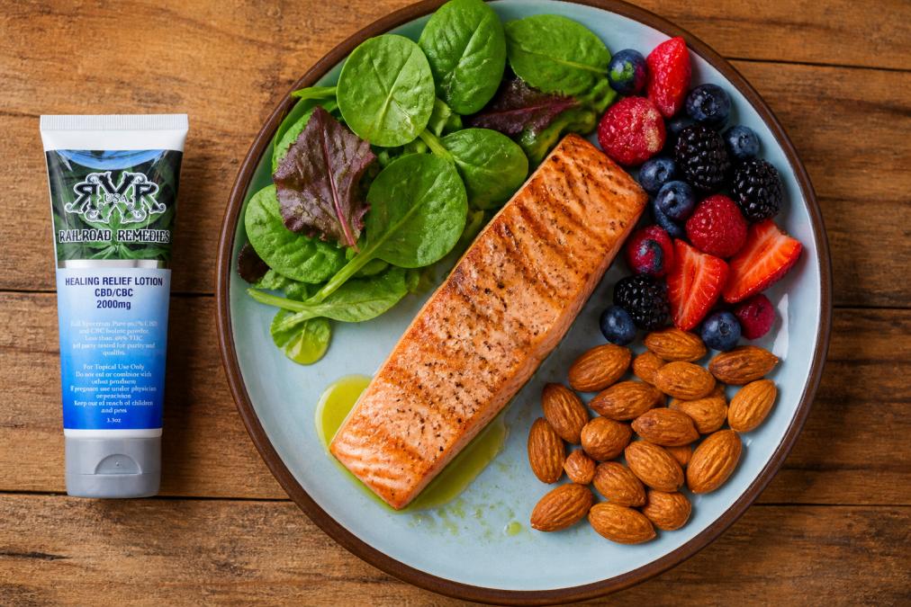 Overhead shot of a colorful meal plate with grilled salmon fillet, fresh leafy greens, mixed berries, raw almonds, and drizzle of olive oil on a wooden table