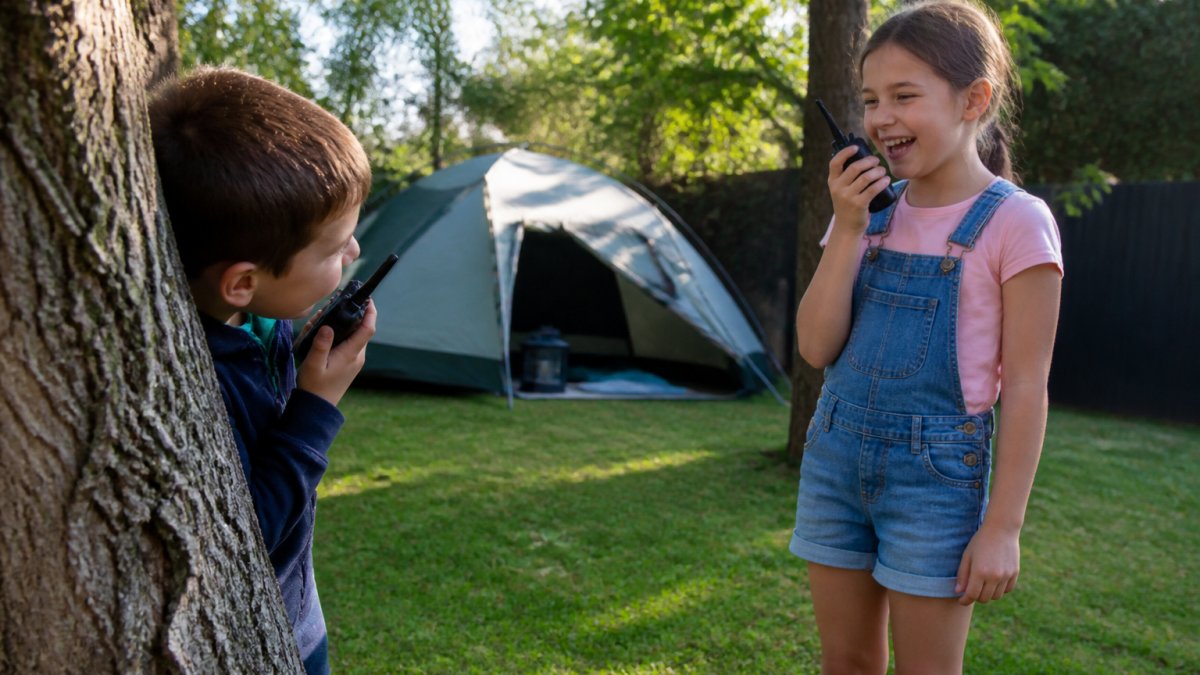Two children aged around 6 and 9 playing with walkie talkies in a sunny backyard, one hiding behind a tree and the other laughing while pressing the talk button, with a family tent visible in the background