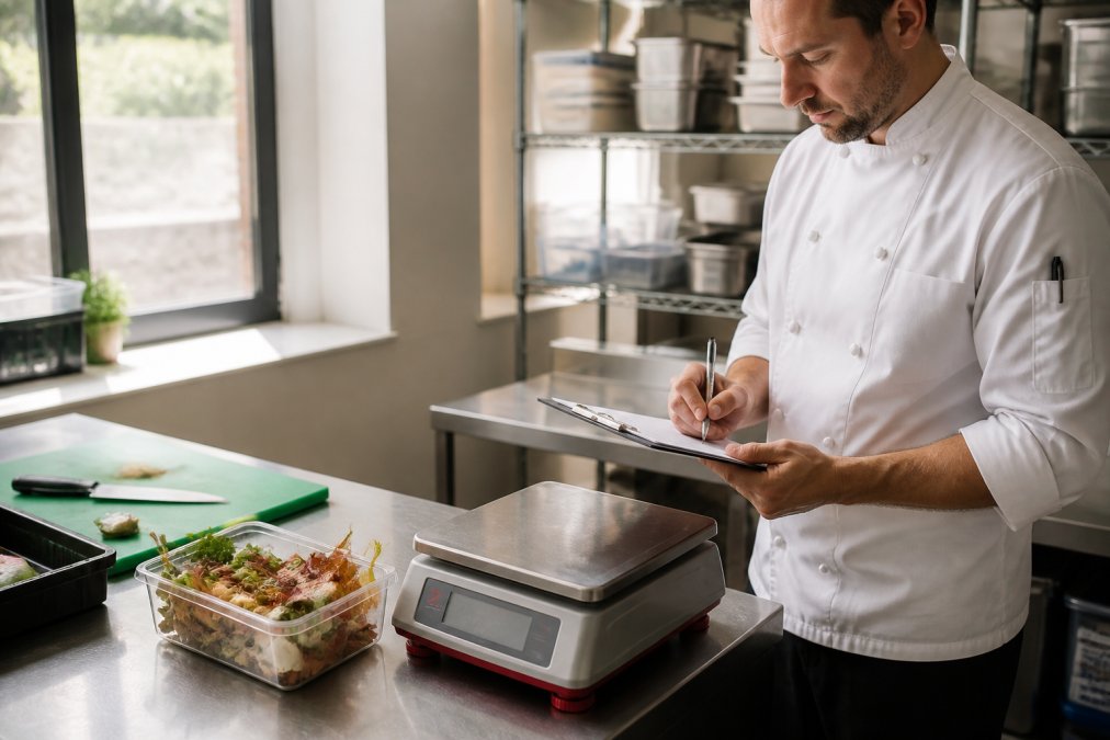A kitchen manager in a white chef's jacket writing figures on a clipboard beside a set of digital scales on a stainless steel prep counter, morning light through a window
