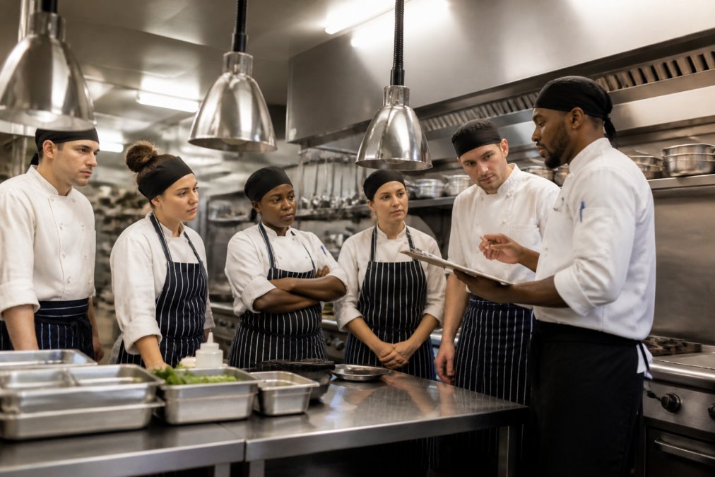 A head chef leading a brief team meeting with the full kitchen brigade in a professional restaurant kitchen, reviewing the prep list for the evening service under bright work lights