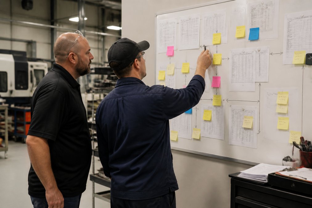 A shop floor supervisor and a process engineer standing at a whiteboard covered in sticky notes and hand-drawn workflow arrows, mapping where paper travelers and spreadsheets are used in a machine shop